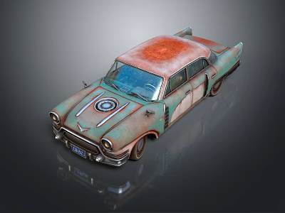 Vintage Classic Car With Rusty Body Red Rusted Roof And Front Circular Emblem 3d model