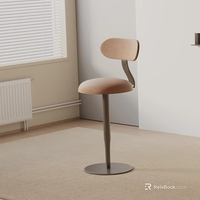 Modern Beige Upholstered Bar Stool With Curved Backrest And Metal Base In Interior Room 3d model 