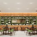 School Library Reading Area With Wooden Ceiling Green Walls Engraved Wooden Wall Bookshelves And Tables