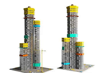 Construction Skyscraper Building Models With Yellow Green Orange Structures And Crane 3d model