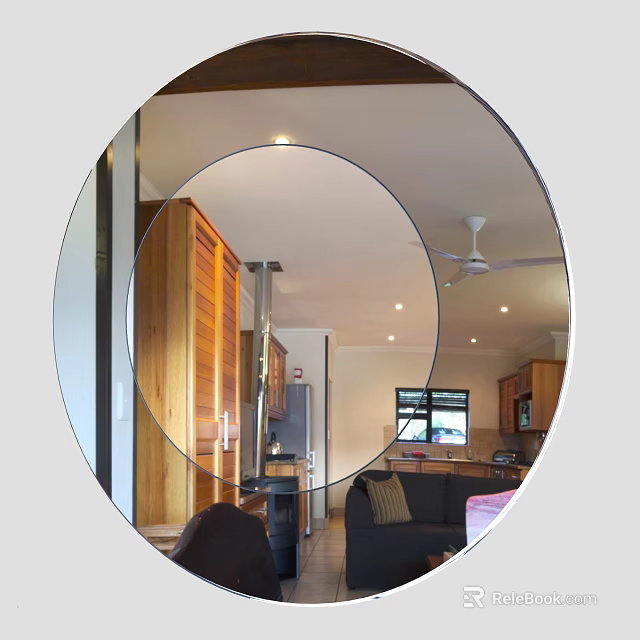 Round Mirror Reflecting Modern Interior With Wooden Cabinets Sofa And Ceiling Fan 3d model