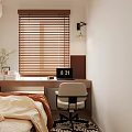 Cozy Bedroom Interior With Wooden Blinds Desk Laptop Table Lamp White Chair And Orange Blanket