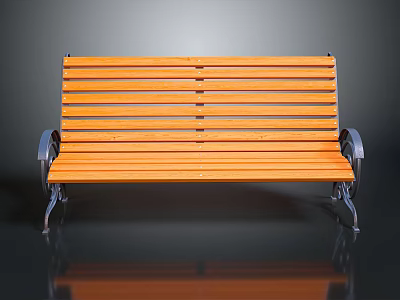 Orange Wooden Slatted Bench With Metal Armrests And Sturdy Frame Design 3d model