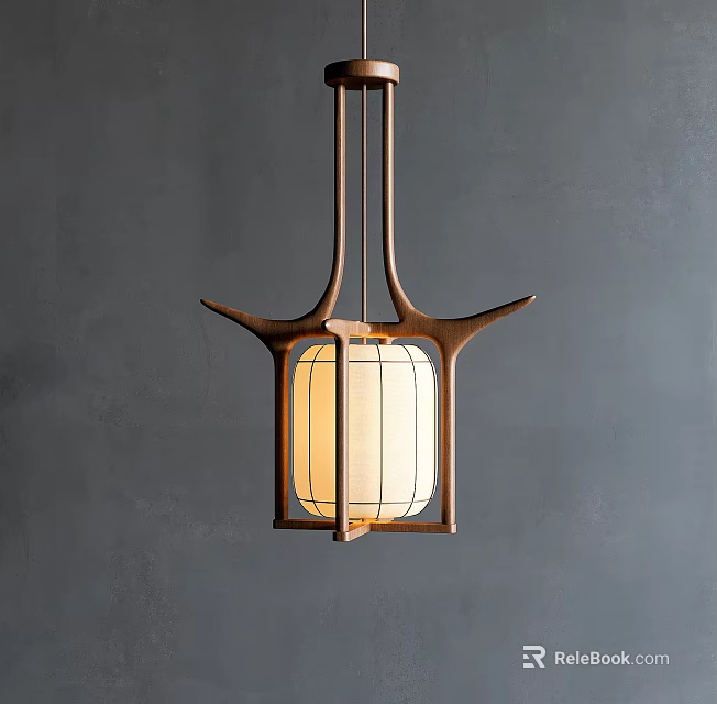 Chinese Style Wooden Frame Chandelier With White Lampshade Hanging On Dark Gray Wall 3d model 