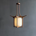 Chinese Style Wooden Frame Chandelier With White Lampshade Hanging On Dark Gray Wall