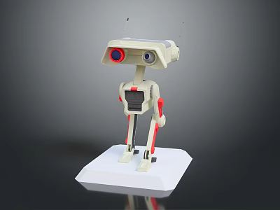 Cartoon SciFi Robot Figure With White Body Red Eyes And Mechanical Joints On White Base 3d model