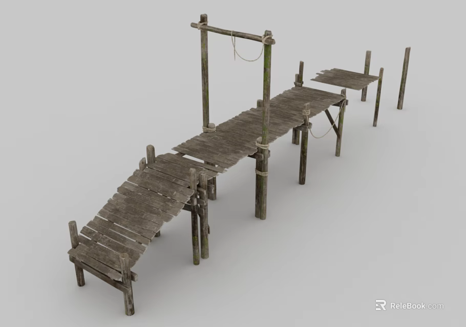 Old Wooden Bridge with Weathered Planks Wooden Posts and Rope Railings 3d model 