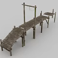 Old Wooden Bridge with Weathered Planks Wooden Posts and Rope Railings