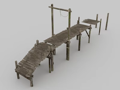 Old Wooden Bridge with Weathered Planks Wooden Posts and Rope Railings 3d model