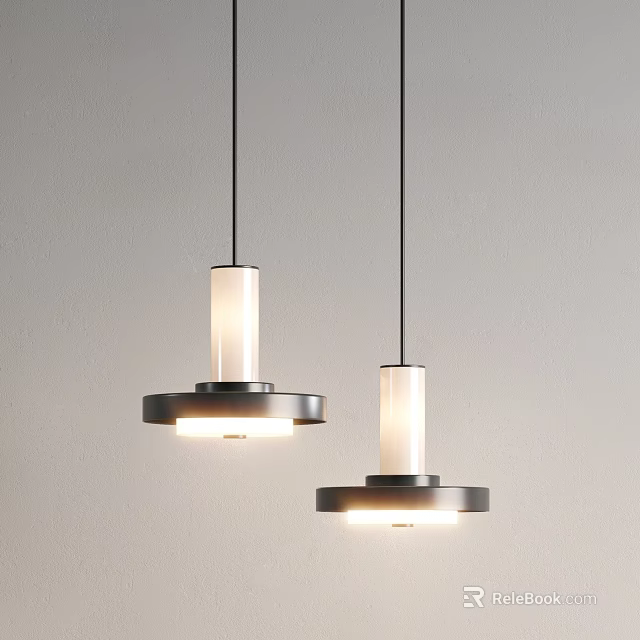 Modern Pendant Lights With White Shades And Black Metal Bases On Grey Wall 3d model 