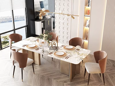 Modern Dining Table Set With Marble Top And Upholstered Brown Chairs 3d model