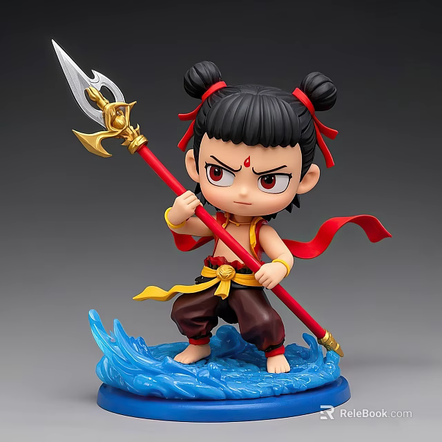 Anime Style Cartoon Character With Double Buns Red Ribbon Spear And Blue Wave Base 3d model 