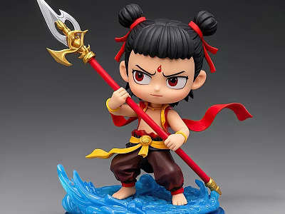Anime Style Cartoon Character With Double Buns Red Ribbon Spear And Blue Wave Base 3d model