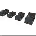 Four Black Vintage Train Models Arranged in a Row on White Background