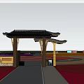Traditional Chinese Entrance Gate with Curved Wooden Roof and Lush Greenery