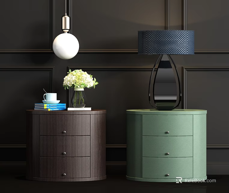 Mesh Shade Table Lamp on Green Bedside Table with Brown Cabinet Flowers Books and Mug 3d model 