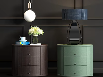 Mesh Shade Table Lamp on Green Bedside Table with Brown Cabinet Flowers Books and Mug 3d model