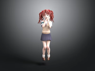 Anime Character With Red Pigtails White Top Dark Blue Skirt And Hands Covering Mouth 3d model