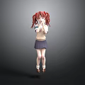 Anime Character With Red Pigtails White Top Dark Blue Skirt And Hands Covering Mouth