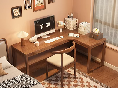 Wooden Desk With Computer Monitor Lamp Storage Box Books And Chair In Cozy Room 3d model