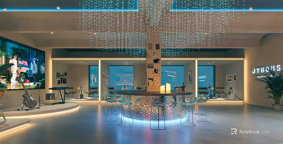 Modern Café Interior Design With Hanging Lights Blue Lighting Bar Counter And Transparent Chairs 3d model 