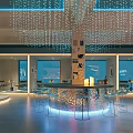 Modern Café Interior Design With Hanging Lights Blue Lighting Bar Counter And Transparent Chairs