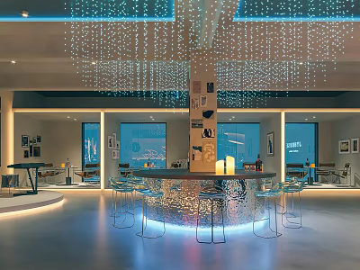 Modern Café Interior Design With Hanging Lights Blue Lighting Bar Counter And Transparent Chairs 3d model