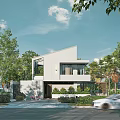 Modern Single Family House With Large Glass Windows Surrounded by Lush Greenery and Landscaped Entrance