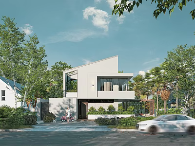 Modern Single Family House With Large Glass Windows Surrounded by Lush Greenery and Landscaped Entrance 3d model