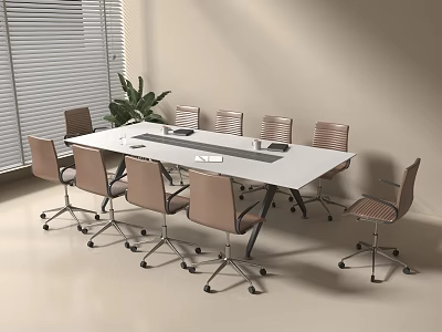 Modern Office Conference Table With Metal Frame Chairs Wooden Top And Potted Plant Near Window 3d model