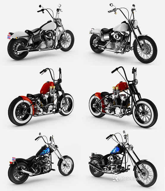 Custom Vintage Motorcycles In Red And Blue With Classic Design Details 3d model 