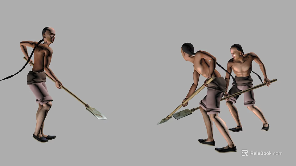 Shirtless men laboring with shovels in coordinated group outdoor work activity 3d model 