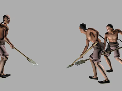 Shirtless men laboring with shovels in coordinated group outdoor work activity 3d model