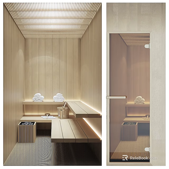 Wooden Shower Sauna Interior With Benches Towels And Lighting 3d model 