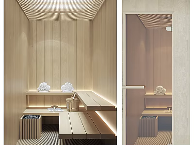 Wooden Shower Sauna Interior With Benches Towels And Lighting 3d model