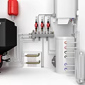Red Black Heating Equipment With Red Expansion Tank Pipes Valves White Storage Tank And Radiator