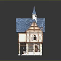 Cartoon Scene Of A House With Blue Roof Tower Wooden Elements And Steps