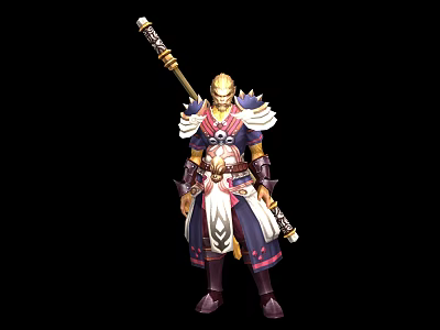 Game Fantasy Character In Golden Armor With Long Staff And Ornate Details 3d model