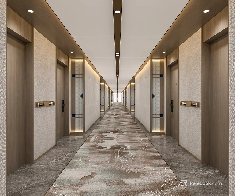 Elegant Hotel Corridor With Patterned Carpet Wooden Doors Recessed Lighting And Stone Walls 3d model 