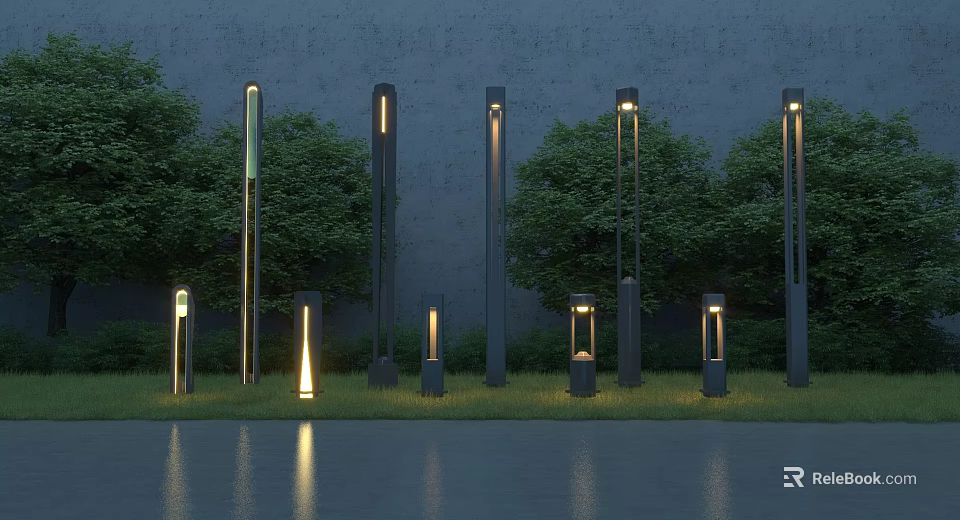 Modern Outdoor Lights Of Various Heights Illuminating Garden With Green Grass And Trees 3d model 