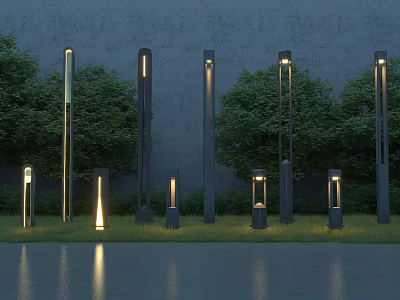 Modern Outdoor Lights Of Various Heights Illuminating Garden With Green Grass And Trees 3d model