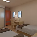 Hotel Room With Twin Beds Desk Chair And Window Sky View Light Beige Walls