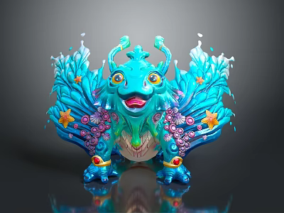 Cute Blue Fantasy Game Movie Character With Winged Design Star Decorations And Purple Flowers 3d model