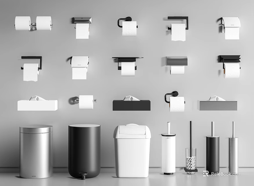 Modern Bathroom Accessories Collection With Toilet Paper Holders Tissue Boxes Trash Cans And Brushes 3d model 