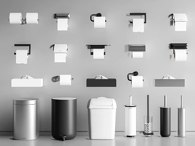 Modern Bathroom Accessories Collection With Toilet Paper Holders Tissue Boxes Trash Cans And Brushes 3d model