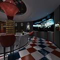 Modern Cinema Interior With Red Seats Round Tables Pendant Lights And Wooden Walls
