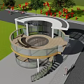 Modern Garden Landscape Featuring Circular Glass Wood Observation Structure With Lawn And Trees