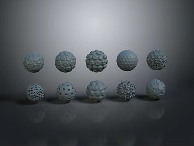 Ten Different Textured Spheres With Various Patterns On Gray Background With Reflections 3d model