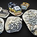 Detailed Miniature Construction Equipment Models With Gravel Piles And Terrain Features