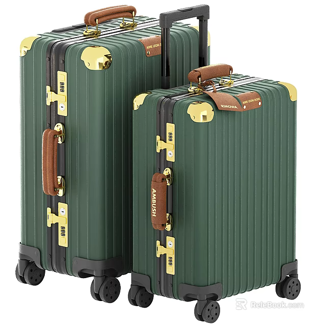 Green Hard Shell Luggage With Gold Hardware And Leather Handles For Travel 3d model 